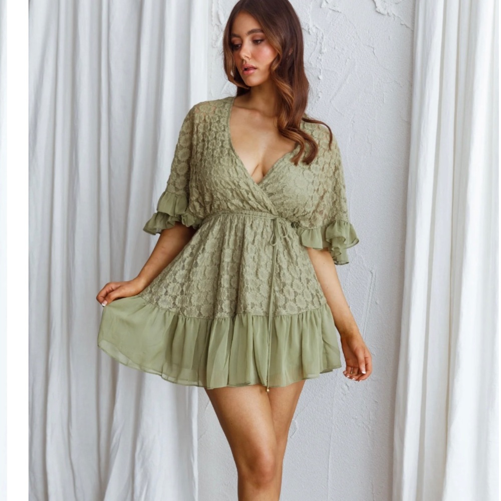 CLOVER EMBROIDERED SURPLICE NECKLINE DRESS AVOCADO